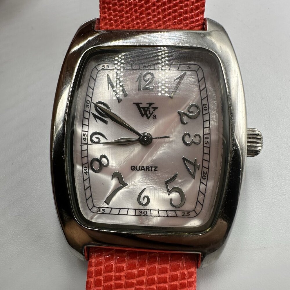 Viva by Pierre Cardin Watch Women Silver Tone Pink Dial Red Band New Battery